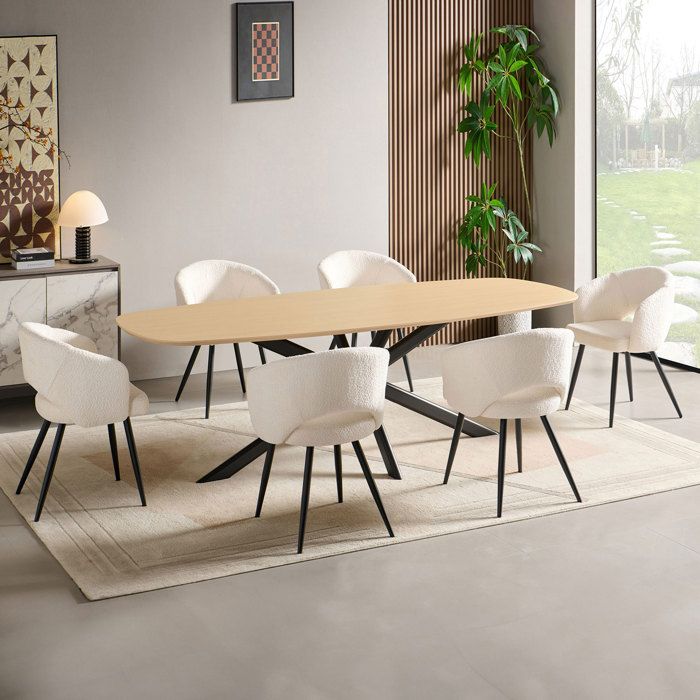 Ensemble table 240 cm effet chêne + 6 chaises tissu bouclette blanc