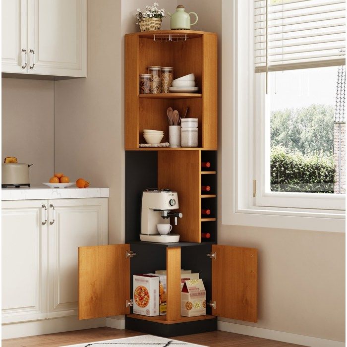 Meuble bar d’angle 40 x 40 x 182 cm avec porte-verres 4 casiers à bouteilles et placard bas en MDF naturel