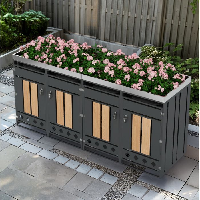 Cache conteneur 4 compartiments avec bac à fleurs intégré acier galvanisé portes verrouillables gris bois VEVXYN