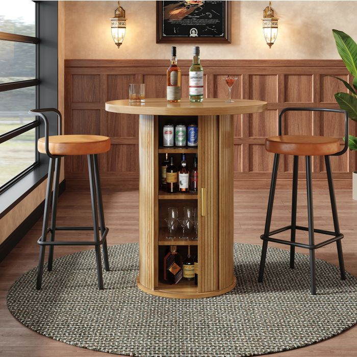 Ensemble bar AESVAR avec table de bar ronde et 2 tabourets rangement 4 niveaux MDF et metal bois