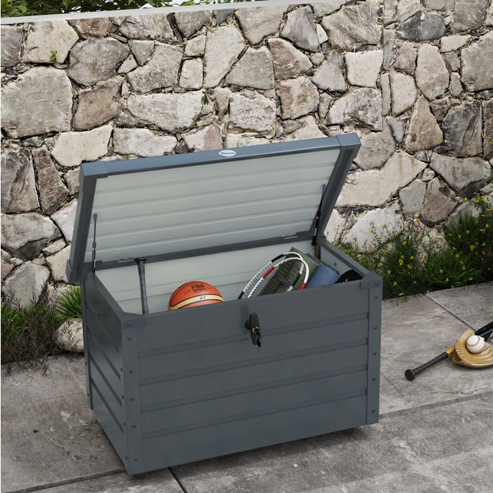 Coffre de rangement extérieur gris foncé 100 x 62 x 65 cm 295 L à roulettes avec serrure acier galvanisé