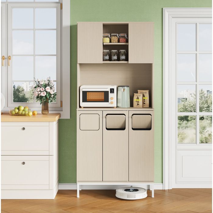 Meuble colonne de cuisine blanc et bois clair 80 x 35 x 181 cm 3 portes niche micro-ondes pieds métal MDF