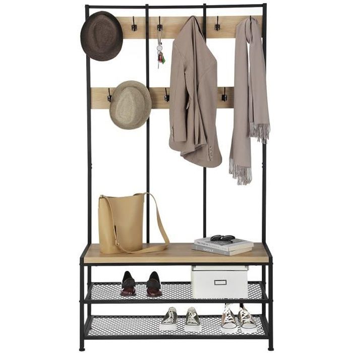 ACAZA Porte-manteaux XL avec Banc à chaussures, Grand Meuble d'entrée, Vestiaire, Étagère à chaussures, Couleur Chêne clair