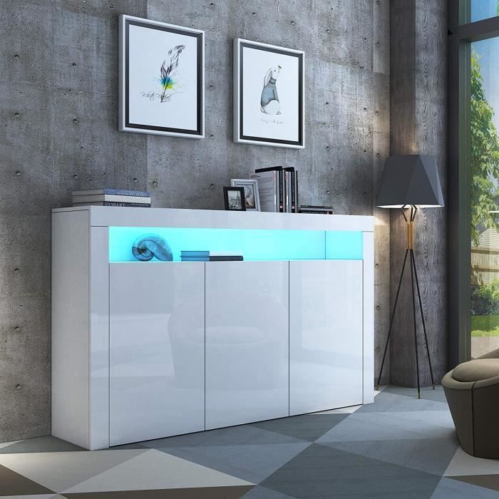 Armoire Buffet Bas LED Contemporain L 130 cm Corps Blanc Mat /Trois Porte contemporain 3 portes