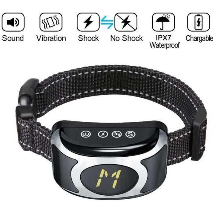 Meilleurs prix pour Collier Anti-Aboiements Pour Chien Avec Vibration Sonore Et Choc Sans Danger 3 Niveaux Réglables Noir Et Argent