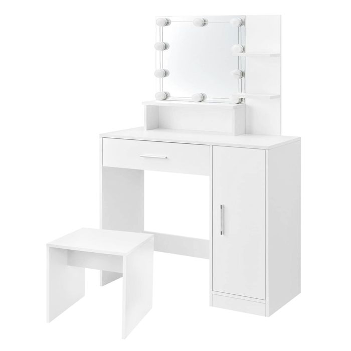 Meuble de maquillage coiffeuse avec miroir tiroir et guirlande LED blanc en MDF
