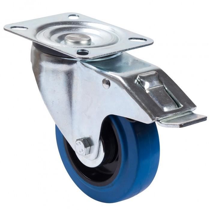 Roulette pivotante à frein caoutchouc bleu elastique diamètre 125mm charge 150kg 