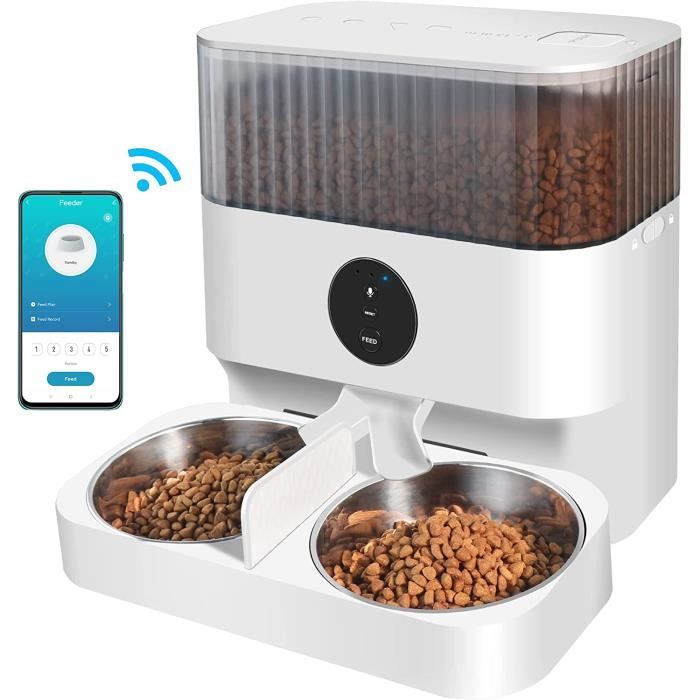 WiFi Distributeur Croquettes Chat Automatique 2 Bols,5L Distributeur Automatique de Nourriture