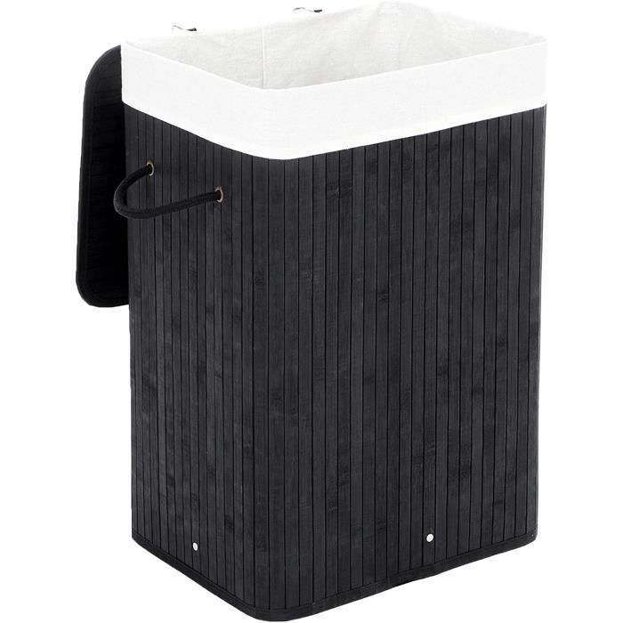COMPACTOR - Panier à Linge Pliable Bambou 40x30x60cm - Couvercle, Tissu Lavable Noir, Poignées Corde - Design Naturel