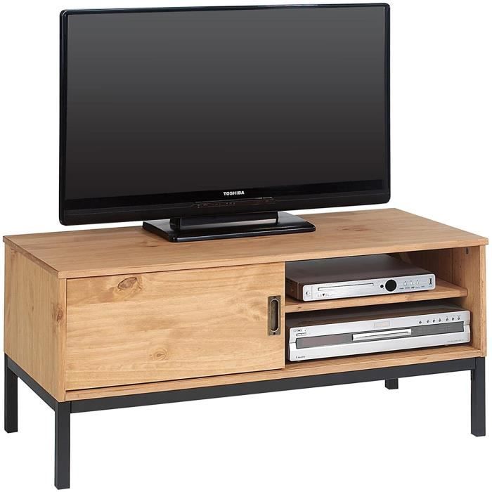 IDIMEX Meuble TV Selma Banc télé de 98 cm au Style Industriel Design Vintage avec 1 Porte coulissante et 1 Compartiment Ouvert en pin Massif lasuré Gris IDIMEX Meuble TV Selma Banc télé de 98 cm au Style Industriel Design Vintage avec 1 Porte coulissante et 1 Compartiment Ouvert en pin Massif lasuré Gris