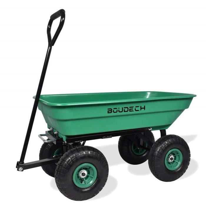 Chariot de jardin porte-outils rabattable avec remorque à pousser en métal inoxydable - brouette de jardin à 4 roues avec charge max