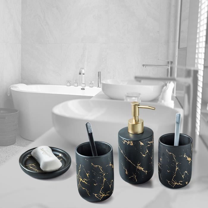 Gobelet salle de bain, Ensemble d'accessoires de salle de bain en céramique, motif marbre Accessoire set salle de bain - 4 pcs