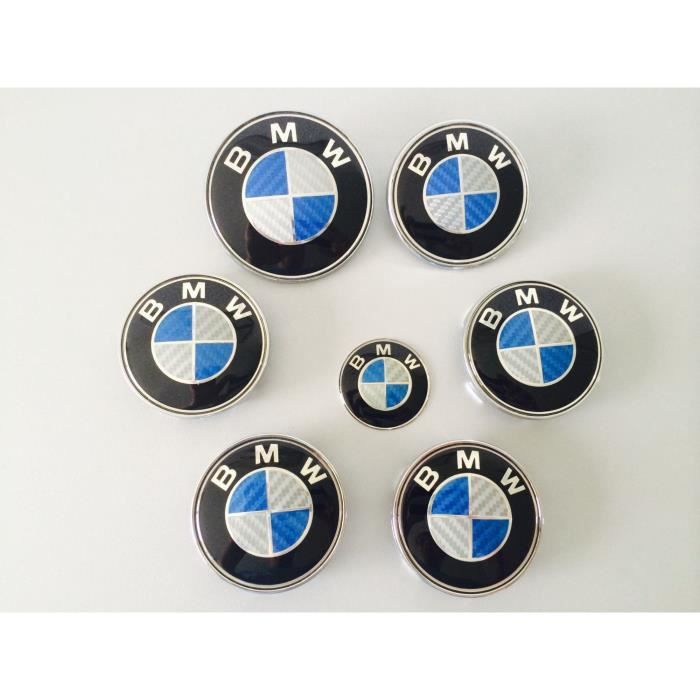 KIT 7 Badge LOGO Embleme BMW Carbone Bleu Gris Capot 82mm + Coffre 74mm +Volant 45mm + 4 centres de roue 68mm