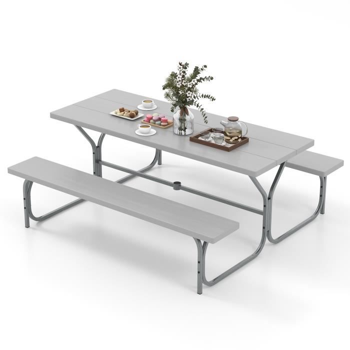 Set Jardin GIANTEX 8 Personnes - Table Ronde + 4 Bancs HDPE Anthracite