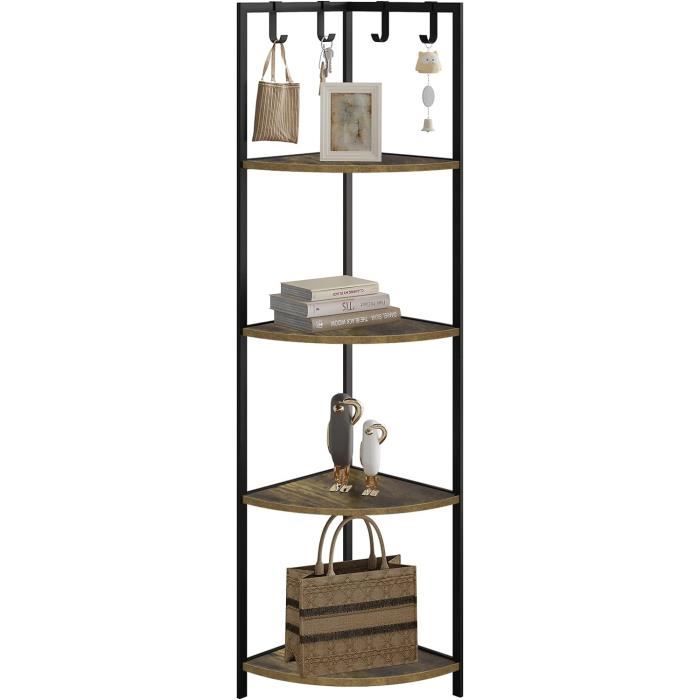 eugad étagère d'angle à 4 niveaux, meuble de rangment à cadre métallique, style industriel, 31x32x135cm, marron vintage et noir