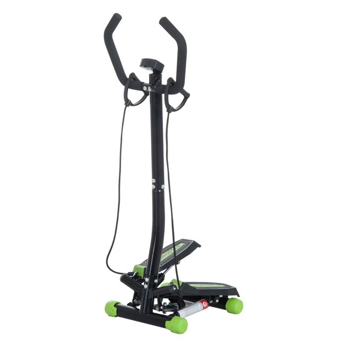Mini stepper avec guidon, extenseurs, &eacute;cran LCD multifonction et tapis antid&eacute;rapant noir et vert