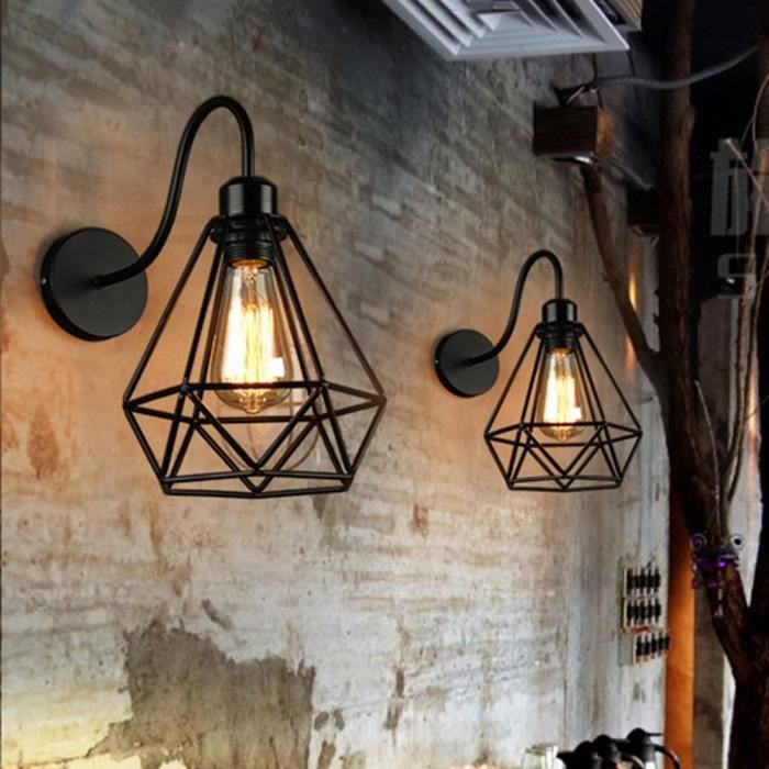 iDEGU Lot de 2 Applique Murale forme Diamant en Métal Fer Noir Lustre abat-jour Cage Forgé Lampe Rétro Industrielle E27 pour