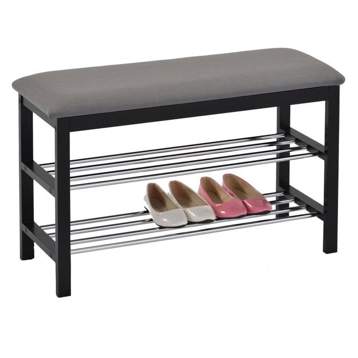 Meuble A Chaussures Sana Banc Avec Assise Et 2 Etageres Rangement Pour 8 Paires En Bois Massif De Coloris Noir Et Coussin Gris Achat Vente Meuble A Chaussures Meuble A