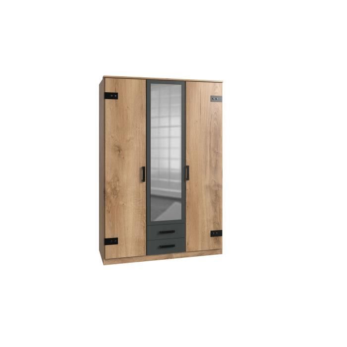 Armoire CORFOU - Décor Chêne et gris anthracite + Miroir - 3 portes battantes - 2 tiroirs - L135 x P58 x H199 cm