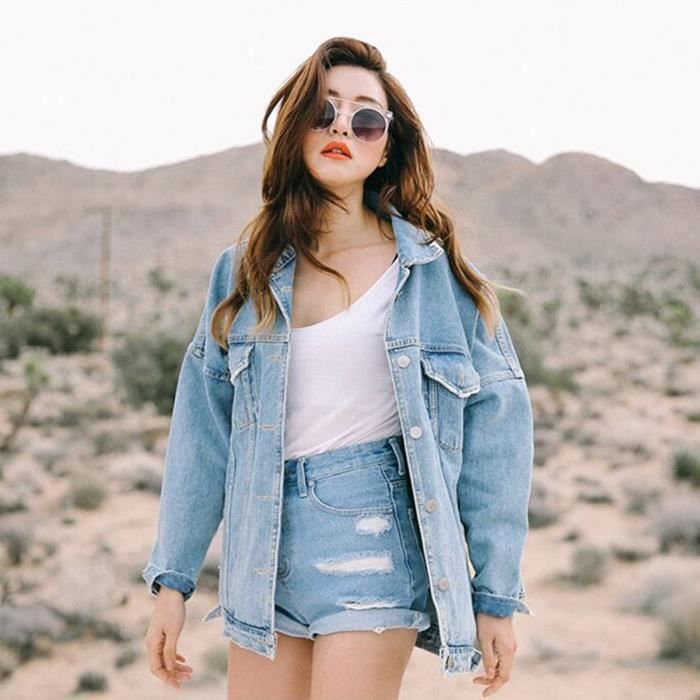 Veste en jean pour femme Vintage coreen Coupe ample Manches longues