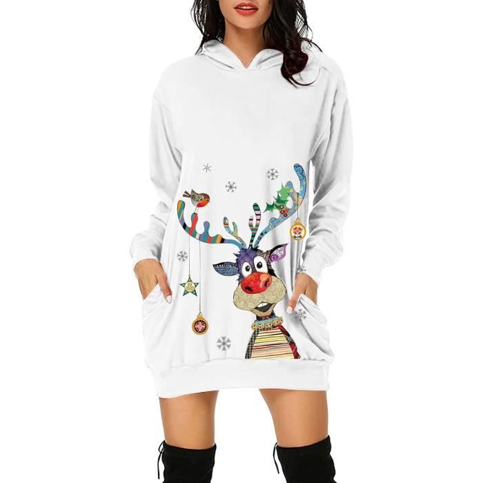 Robe De Noel Femme Hiver Pull Sweat avec Capuche Casual Hoodie