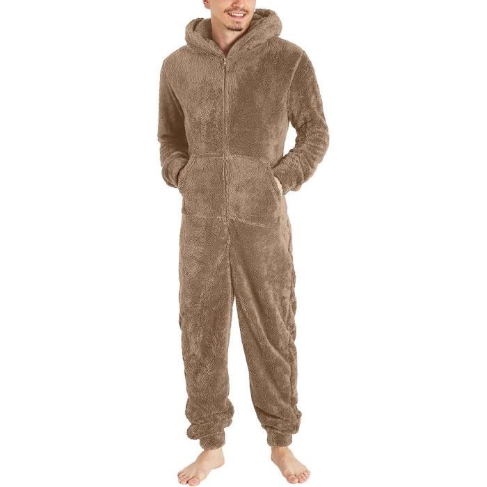 Grenouillere pour Homme Pyjama Polaire Pyjama en Flanelle a Capuche Pyjama Une piece en Polaire Onesie en Peluche Comfortable Homme Kaki Cdiscount Pret a Porter