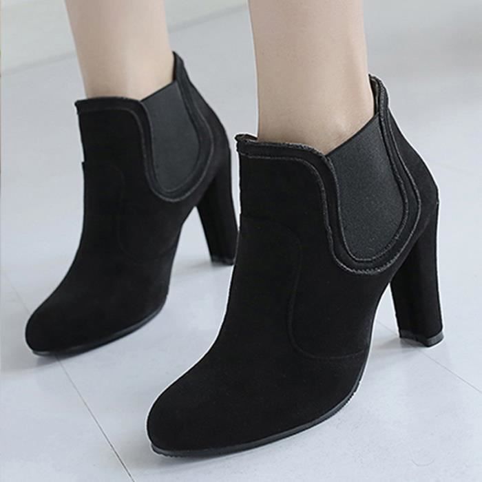 Bottines En Daim Pour Femmes Bout Rond Bande Elastique Talons Hauts Bottines Courtes Noir Noir Achat Vente Robe Cdiscount