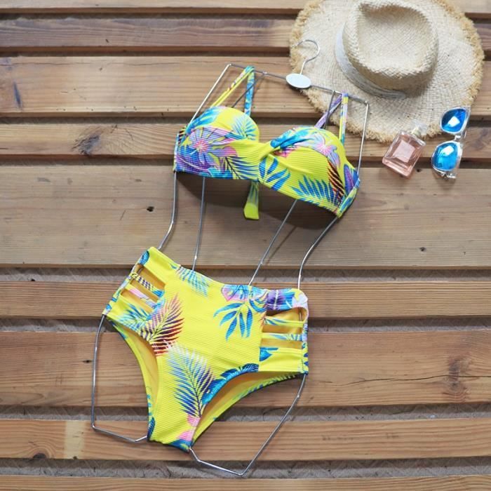 MAILLOT DE BAIN Riseado Bikini imprime feuilles maillot de bain femme taille haute Push Up echancre Type Yellow Bikinis Blanc Cdiscount Pret a Porter
