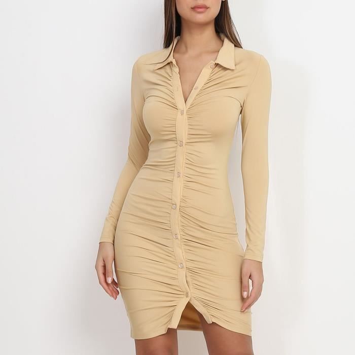 Robe moulante froncee beige a boutons Beige Cdiscount Pret a Porter