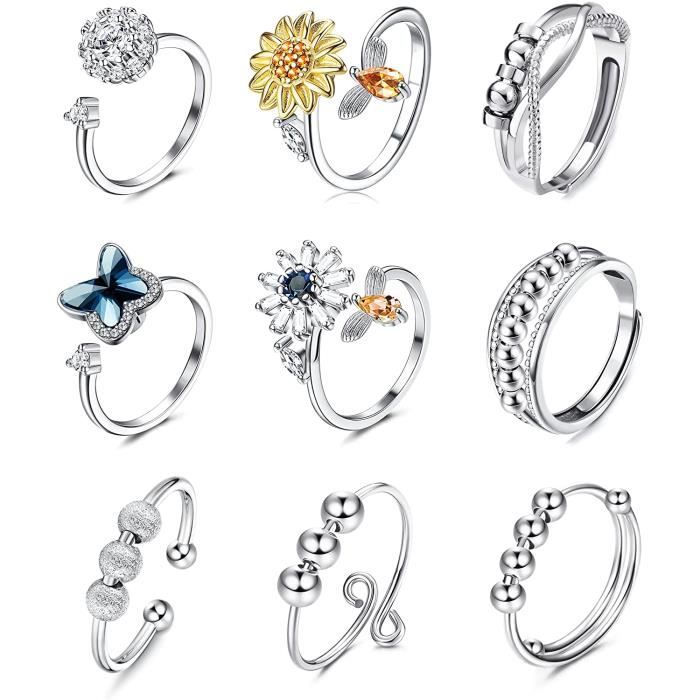 Bague Anti-stress Argent 925 Avec Perle Tournante - Anneau D'anxiété Réglable Pour Femme Et Homme - 11