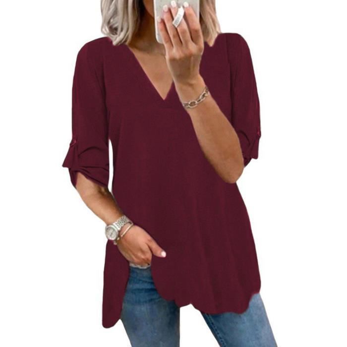 Chemisier élégant à col en V pour femme Henley Chemisier ample à