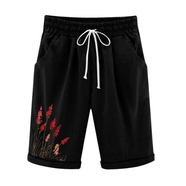 Cargo Short Long Femme Court Écontracté avec Poches Taille Haute Respirant  Doux Short avec Cordon Élastique Bermuda Yoga Black