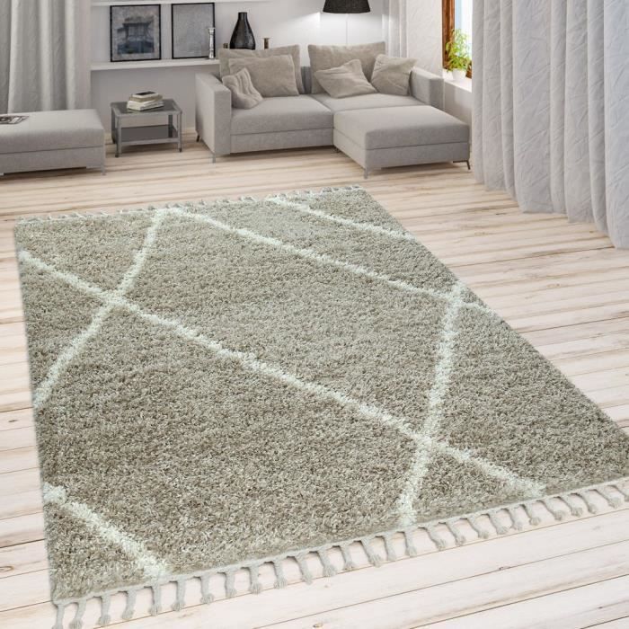 TAPISO Boho Tapis Salon Gris Foncé Crème Losanges Franges Shaggy 200x300 | Leroy Merlin