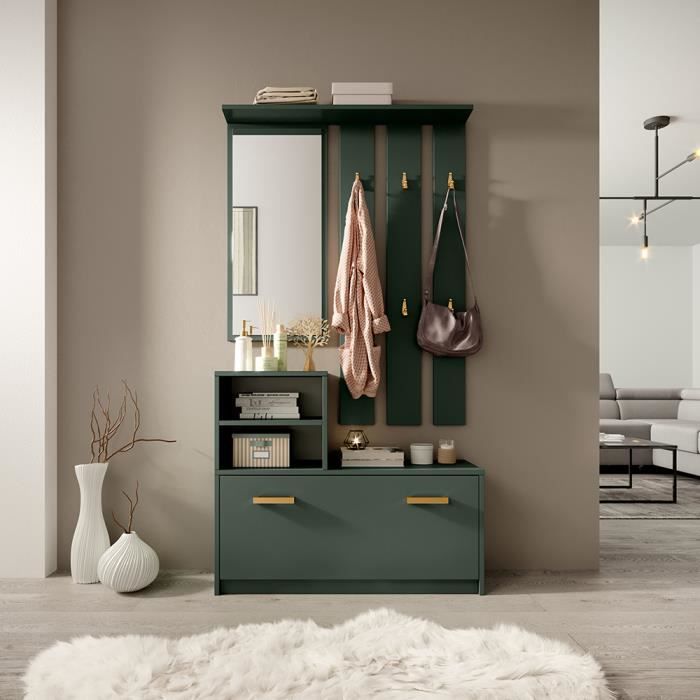 vestiaire d'entrée - meuble d'entrée - yesfir - 85 cm - vert bouteille - armoire à chaussures - portemanteau - miroir