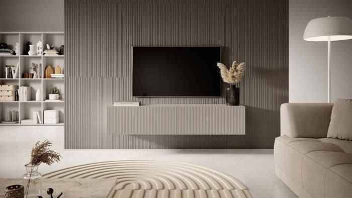 Meuble TV - SELSEY - VELDIO - 140 cm - beige/gris - façade fraisée