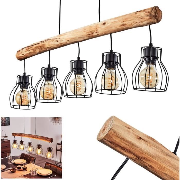 Suspension - HOFSTEIN - Riekje - Métal Noir - Bois - Hauteur Ajustable - 4 Ampoules E27