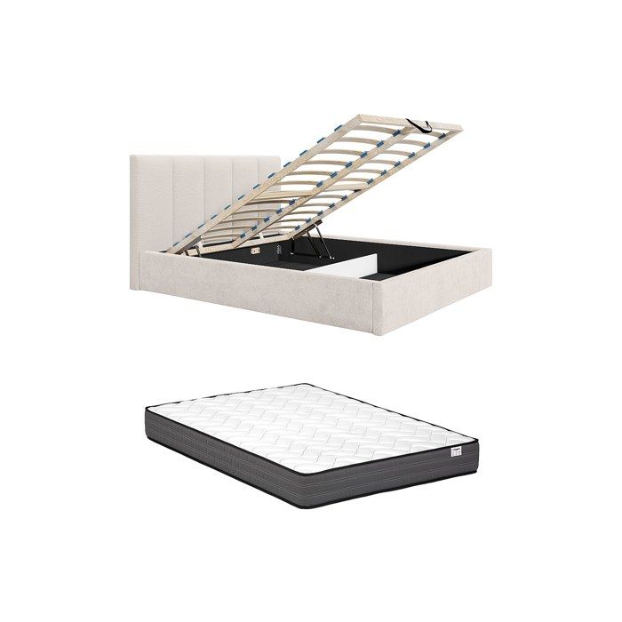 Lit coffre 160 x 200 cm avec tête de lit coutures verticales - Tissu - Beige - Avec matelas Confort - KILACLO