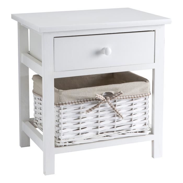 Meuble De Rangement Avec Tiroir Et Panier Osier Bois Blanc