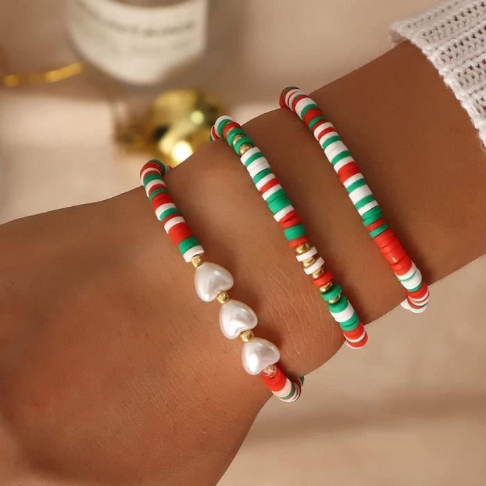 Lot de 3 bracelets de Noël pour femme avec perles colorées en forme de cœur  élastique - Cadeau de Noël - Réglable pour femmes