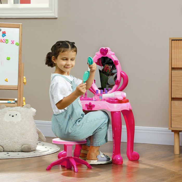 Table De Toilette Et Maquillage Pour Fille AIYAPLAY Avec Tabouret - Miroir, Lumières, Sons Et Accessoires - 57x34x76cm