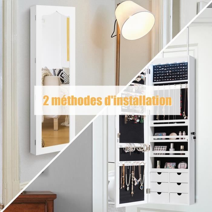 Armoire à Bijoux COSTWAY Avec Miroir - Rangement Organisé - Montage Murale/porte - Marron