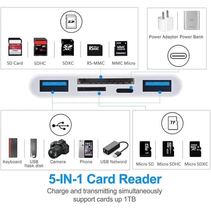 Lecteur de carte sd 5 en 1 adaptateur usb 3.0 pour iphone avec
