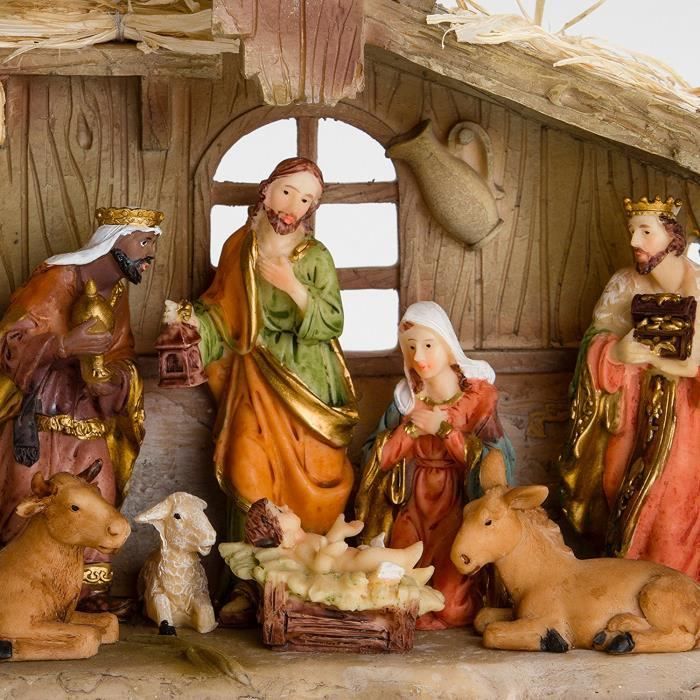 Crèche En Bois Coloré Jouet Noël 12 Cm Personnages, Set Vintage