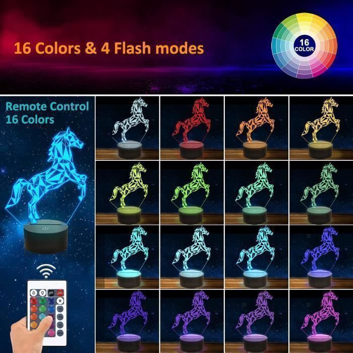 Veilleuse 3D Cheval - Lampe Illusion Optique Avec Télécommande - 16 Couleurs - Enfant & Déco - 12