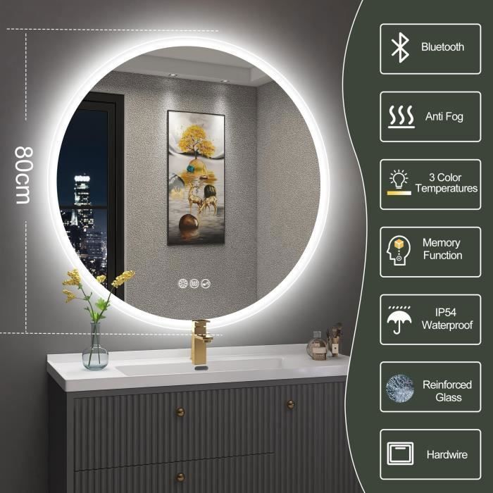 HAPAOSO Miroir De Salle De Bain 80x60cm, Miroir Grossissant 3X Avec Lumière LED, Miroir De Salle