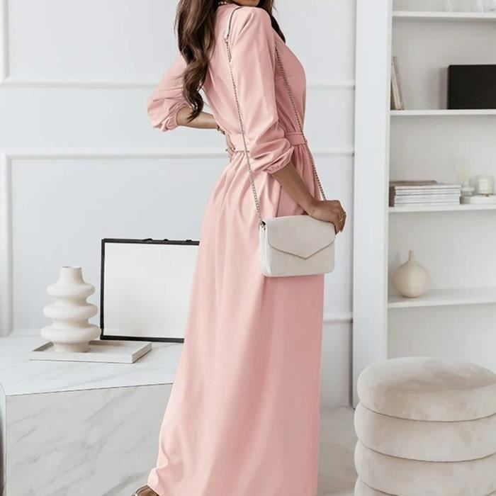 Robe de couleur unie taille lastique col en V taille serr e robe