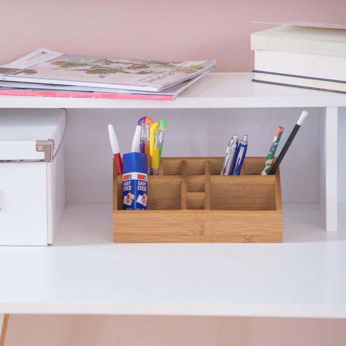 Organiseur De Bureau Bambou Relaxdays - Porte-stylos Avec 2 Tiroirs - 9,5x12,5x15 Cm - Naturel