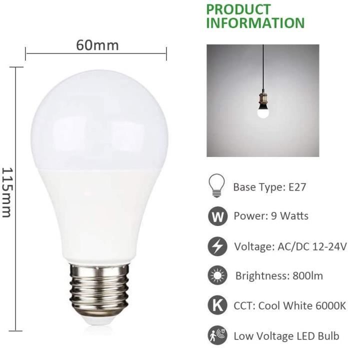 Ampoule LED bulbe E27, 12W 12V-24V AC/DC, blanc chaud 3500°K à 12