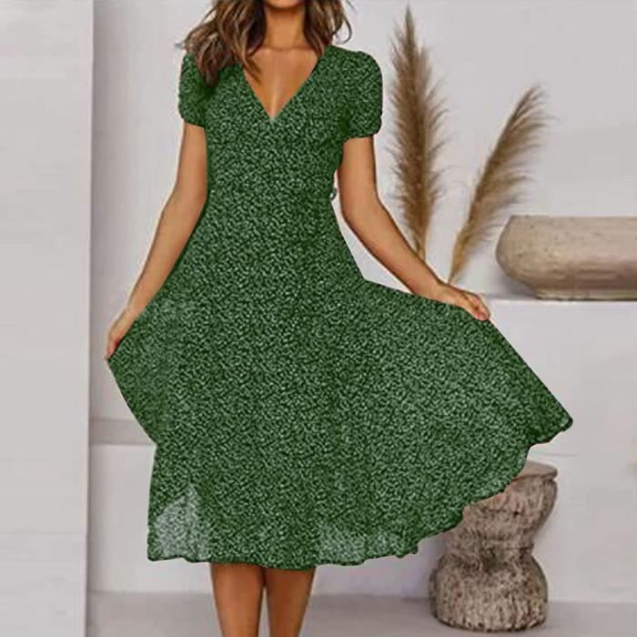 Femme D ete Robe Longue Imprime Floral Wrap Col en V Manches Courtes Ceinture a Volants Ourlet A Line Maxi Robes Vert Vert Cdiscount Pret a Porter