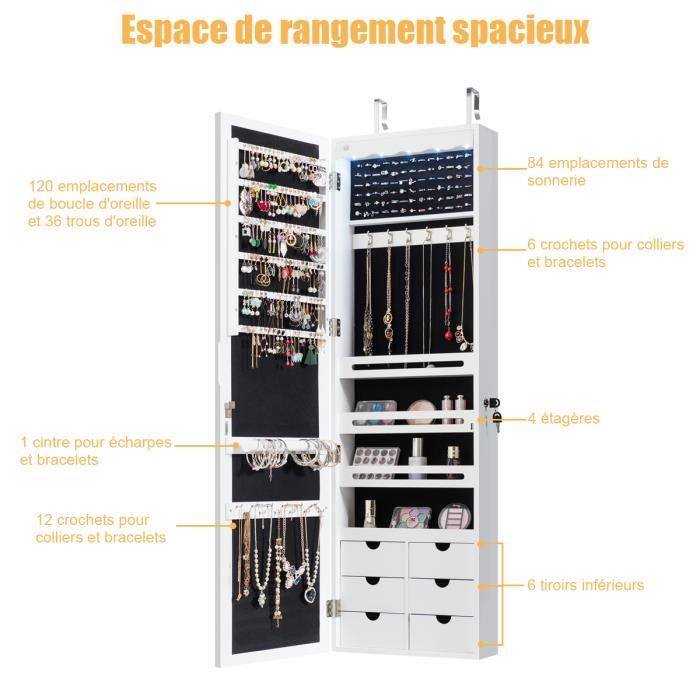 Armoire à Bijoux Murale Avec LED Et Miroir Plein Pied - 6 Tiroirs Blanc 120x36.5x11.5cm
